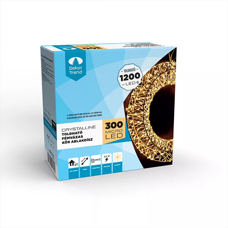 Crystalline toldhat� f�mv�zas k�r ablakd�sz, 300 micro LED, MELEG FEH�R, 30 cm �tm�r�